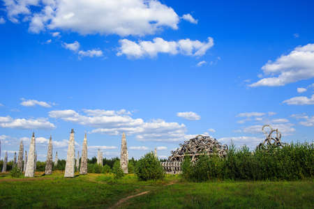 Nikola-Lenivec, Russia - August 23, 2015: Panorama of Wooden and steel sculptures in the Art Park Nikola Lenivets National park, Kaluga Region, Art-objects The Universal Mindのeditorial素材