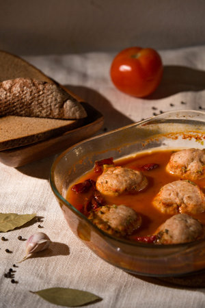 meatballs in tomato sauce in a glass dish, rye bread, linen tablecloth, Low key
