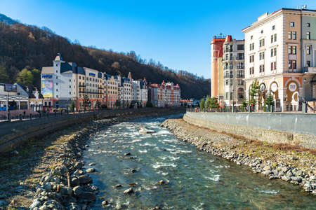 View of Quay Rosa Khutor. Museum of archeology. Hotels Park Inn and Golden Tulipのeditorial素材