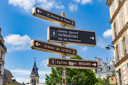 Traffic Signs to streets and places in Paris. Post Office, sports center, othersの写真素材