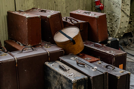 Stacked Vintage Suitcases, Leather Trunks and Hat Boxes, Film Prop Collectionの写真素材
