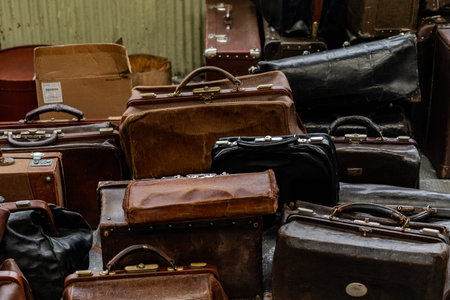 Stacked Vintage Suitcases, Leather Trunks and Hat Boxes, Film Prop Collectionの写真素材