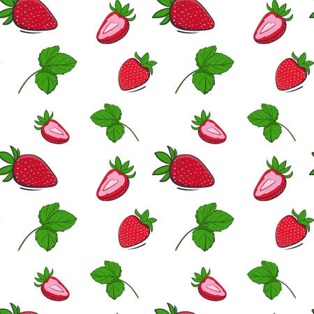 The pattern is red strawberries with green leaves. Summer background with delicious berries. White backgroundのイラスト素材