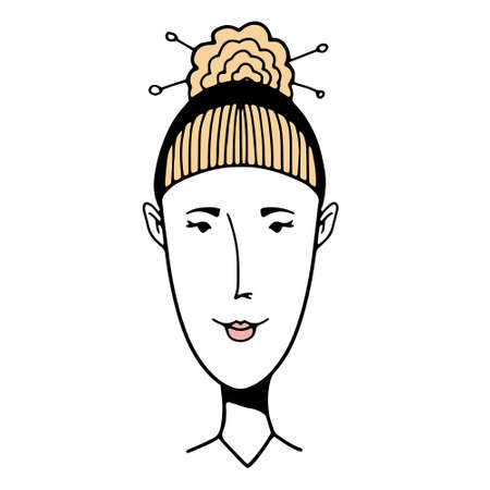 Hand-drawn funny character, young woman face, vector illustration, doodle people faceのイラスト素材
