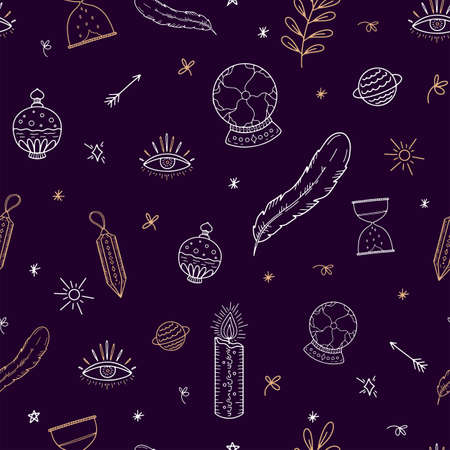 Vector seamless pattern of witch magic. A hand-drawn collection, doodles, a sketch of a magician. Symbols of witchcraft, a feather, a candle. Perfect for tattoos, textiles, postcardsのイラスト素材