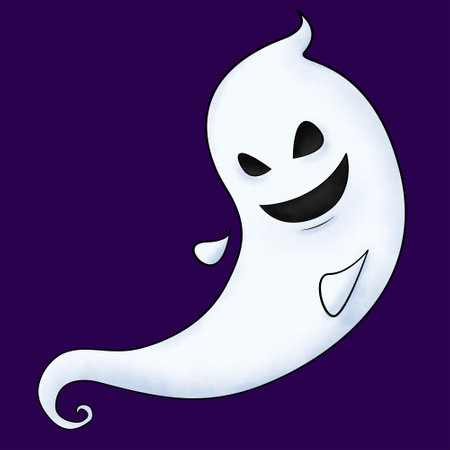 Fantasy icon with a white halloween ghost. Celebration concept. Vector illustration design. celebration banner. Happy halloween purple background.のイラスト素材