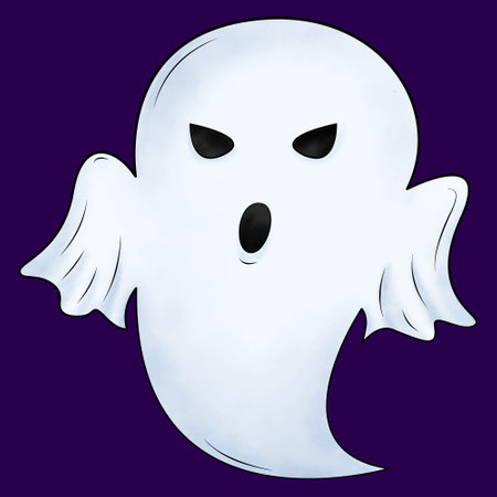 Fantasy icon with a white halloween ghost. Celebration concept. Vector illustration design. celebration banner. Happy halloween purple background.のイラスト素材