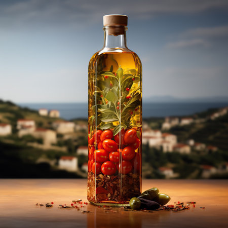 Olive oil and rosemary. Chili peppers, tomatoes, nuts, garlic, red, white, green peppers on an old wooden table. Against the background of the sea and Greece. Generative AIの素材