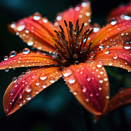Close-up of a blooming flower with dew drops. Dew drops on petals in the morning, after rain, macro shooting and landscape modes. Generative AIの素材