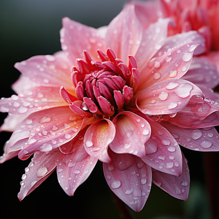 Close-up of a blooming flower with dew drops. Dew drops on petals in the morning, after rain, macro shooting and landscape modes. Generative AIの素材