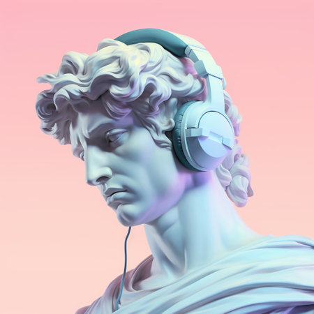 Greek statue. Plaster statue of the head. Bust. Human. Creative. Greek bust with headphones. Sculpture. Light background, pastel colors. Generative AIの素材
