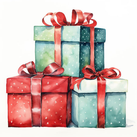 Watercolor Christmas Gift Box ,Winter Holiday Elements, New Year Present box collection,Xmas Present, Valentines pink and red gift box, isolated on white backgroundの素材
