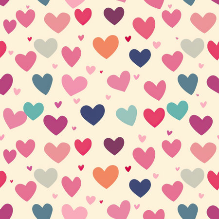 Colorful hearts seamless pattern. Beige background