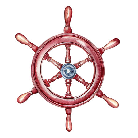 Vintage watercolor wooden steering wheel for ships and boats. Hand painted on white background illustration isolatedの写真素材