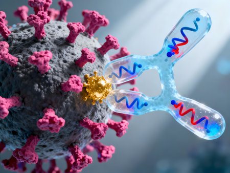 Hyperrealistic 3D render of a human antibody (immunoglobulin) attaching to the surface spike proteins of a virus. The background is clean, dark blue with soft lighting. Scientific visualization, microbiology, immunology conceptの素材