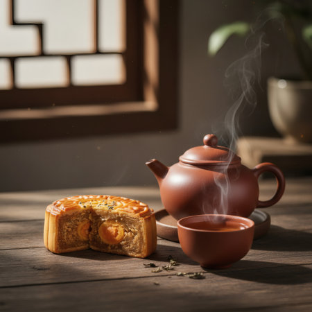 Features a mooncake, a teacup, and a teapot arranged on a dark wooden surface, set against a backdrop of a window with natural light filtering through.の素材