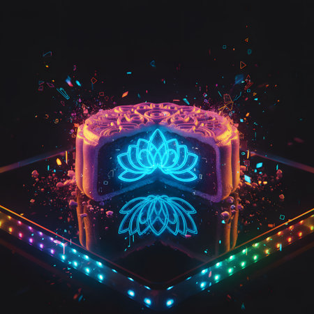 A halved mooncake with a neon lotus design, set against a dark background. sits on a reflective platform.の素材