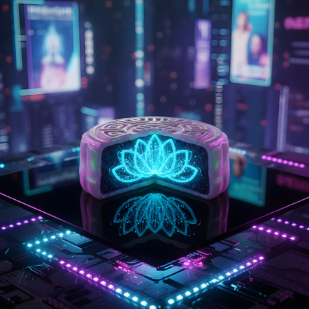 A halved mooncake with a neon lotus design, set against a dark background. Sits on a reflective platform. Skyscrapers and flying vehiclesの素材