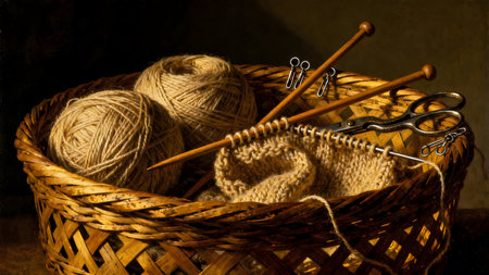A basket filled with knitting supplies, set against a dark, velvety background. balls of light-colored, a pairの素材