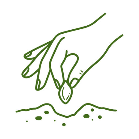 A simple spring and summer garden illustration of a hand planting a seed in the soil on a white backgroundのイラスト素材
