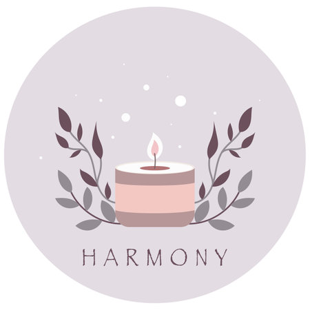 Lit candle with flame, purple and gray leaves. Circular light gray background. Text "HARMONY" in capital letters. Minimalist vector design for logos, posters, banners, postcards, and stickers.のイラスト素材