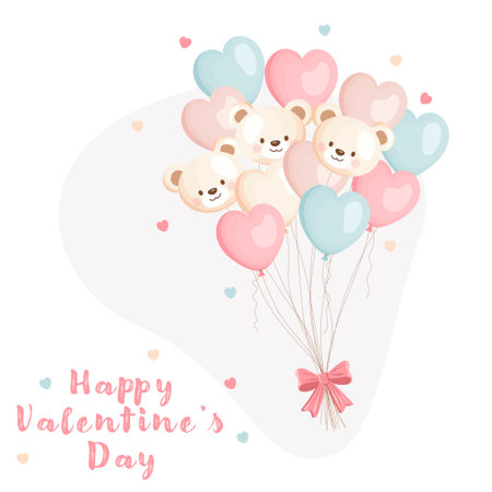 Heart-shaped and bear-shaped balloons with pastel colors for Valentines Dayのイラスト素材