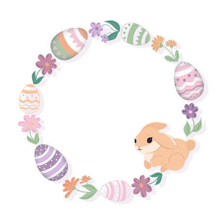 Easter wreath with decorated eggs, flowers and a cute rabbitのイラスト素材