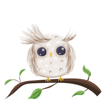 Cute beige owl sitting on tree branchのイラスト素材