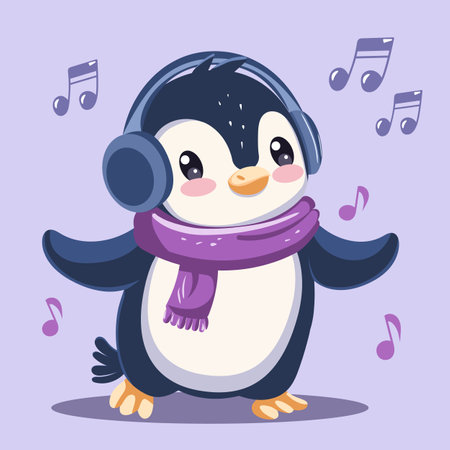 Cute penguin listening to music in headphonesのイラスト素材