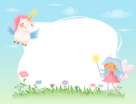 Fairy frame with flying unicorn for kidsのイラスト素材