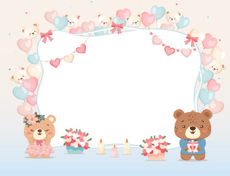 Valentine frame with teddy bears hearts and balloonsのイラスト素材