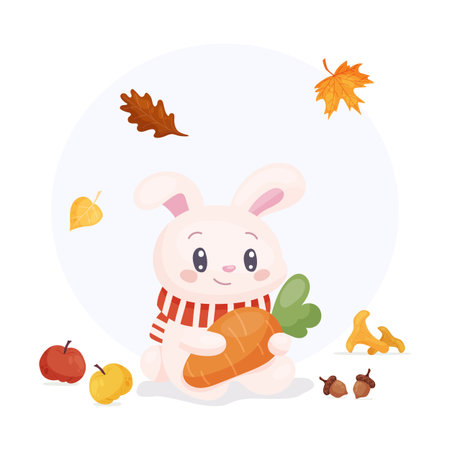 Autumn hare composition with carrot apples leaves and nutsのイラスト素材