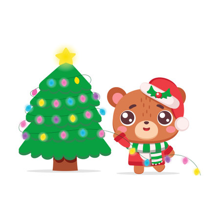 Christmas bear with decorated tree and garlandのイラスト素材