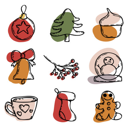 Christmas doodle icons set with modern color spotsのイラスト素材