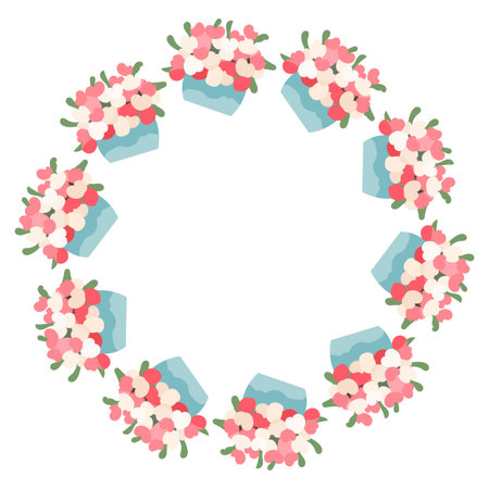 Round frame with pink bouquets in blue vases and space for textのイラスト素材