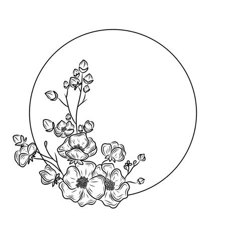 Black line floral round frame illustrationのイラスト素材