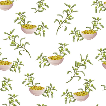 Seamless olives and bowl patternのイラスト素材