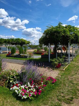 Beautiful garden with much flowers and trees near the river in summer sunny day.の写真素材