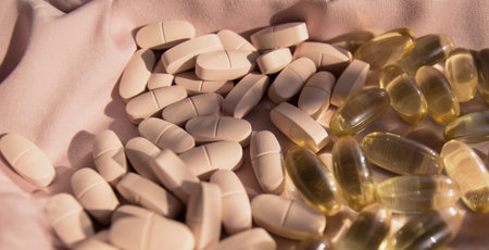 Vitamins and omega 3 fish oil on the natural wood background with pink silk fabric in summer day.