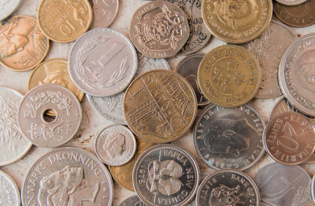 Old golden and silver coins. Money from France, Poland, Italy, England, Peru, Austria, Czech...