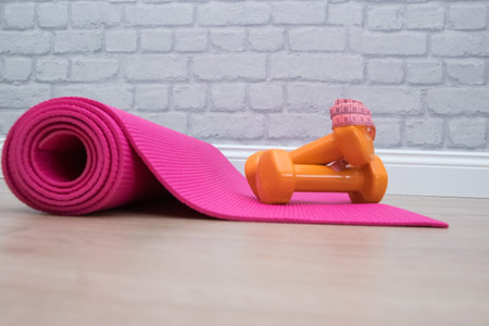 Two orange dumbbells and roulette on a pink yoga mat in fitness studio. A tools for training, sport and activity in summer time.の写真素材
