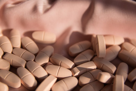 Pink pills or vitamins on the natural wood background with pink silk fabric and feather in summer...