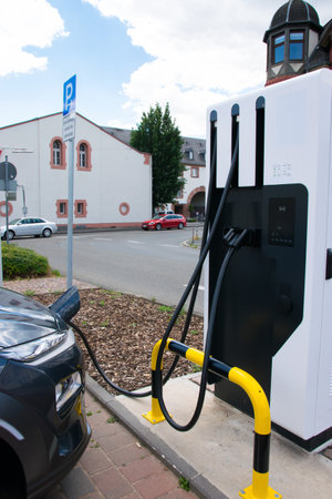 Fuel, oil, tank, gas filling - close up gas or electric station with car.の写真素材