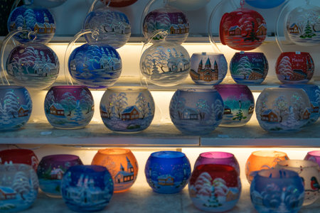 Christmas decorations with glass baubles colorful balls inside snow.の写真素材