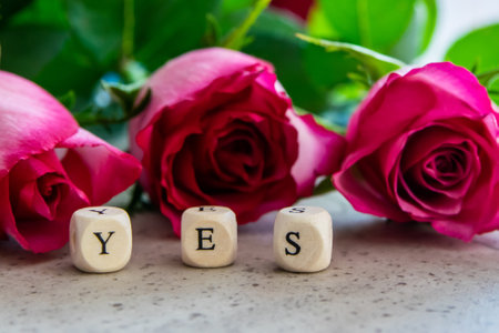 Yes exclamation word owit beautiful pink flowers on the stone background.の写真素材