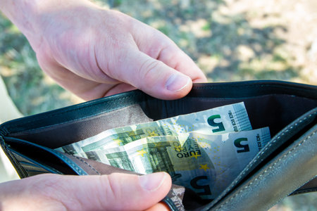 Back leader partmone with money in the hands. Euro bills in the wallet for commerce concept.