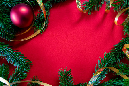 Red bright Christmas background. Winter frame of green branch, gold tape, red ball for decor on the textured fabric background. Copy space. Top view.の写真素材