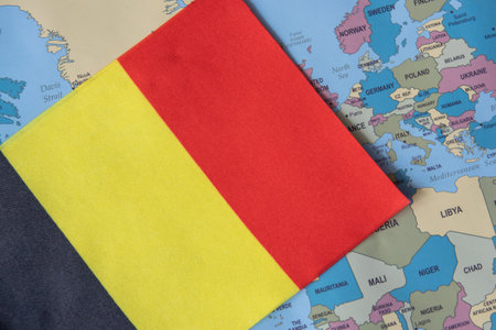 National flag of Belgium on the world map background.の写真素材