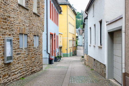 Empty street with historic houses, windows, stone road in the center of old town. Germany.の写真素材