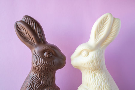 Chocolate in form of two Easter rabbits on a pink background.